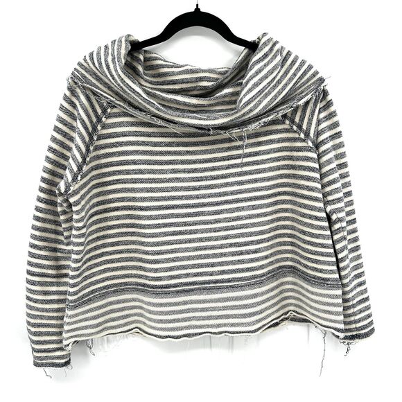 FREE PEOPLE Gray White Striped Boxy Oversized Cropped Cowl Neck Sweater Medium - Picture 1 of 5